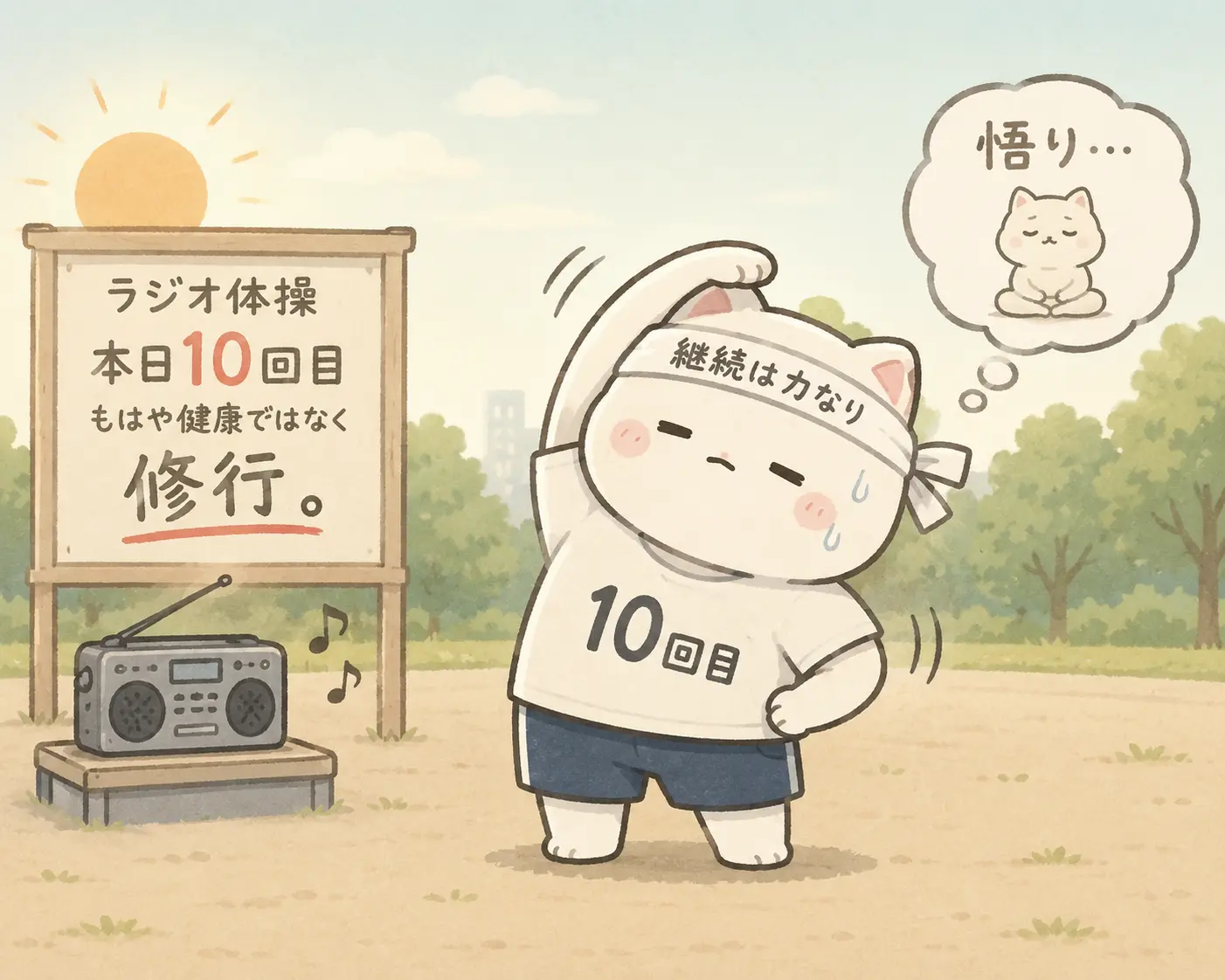 朝から10回目のラジオ体操。もはや健康ではなく修行。