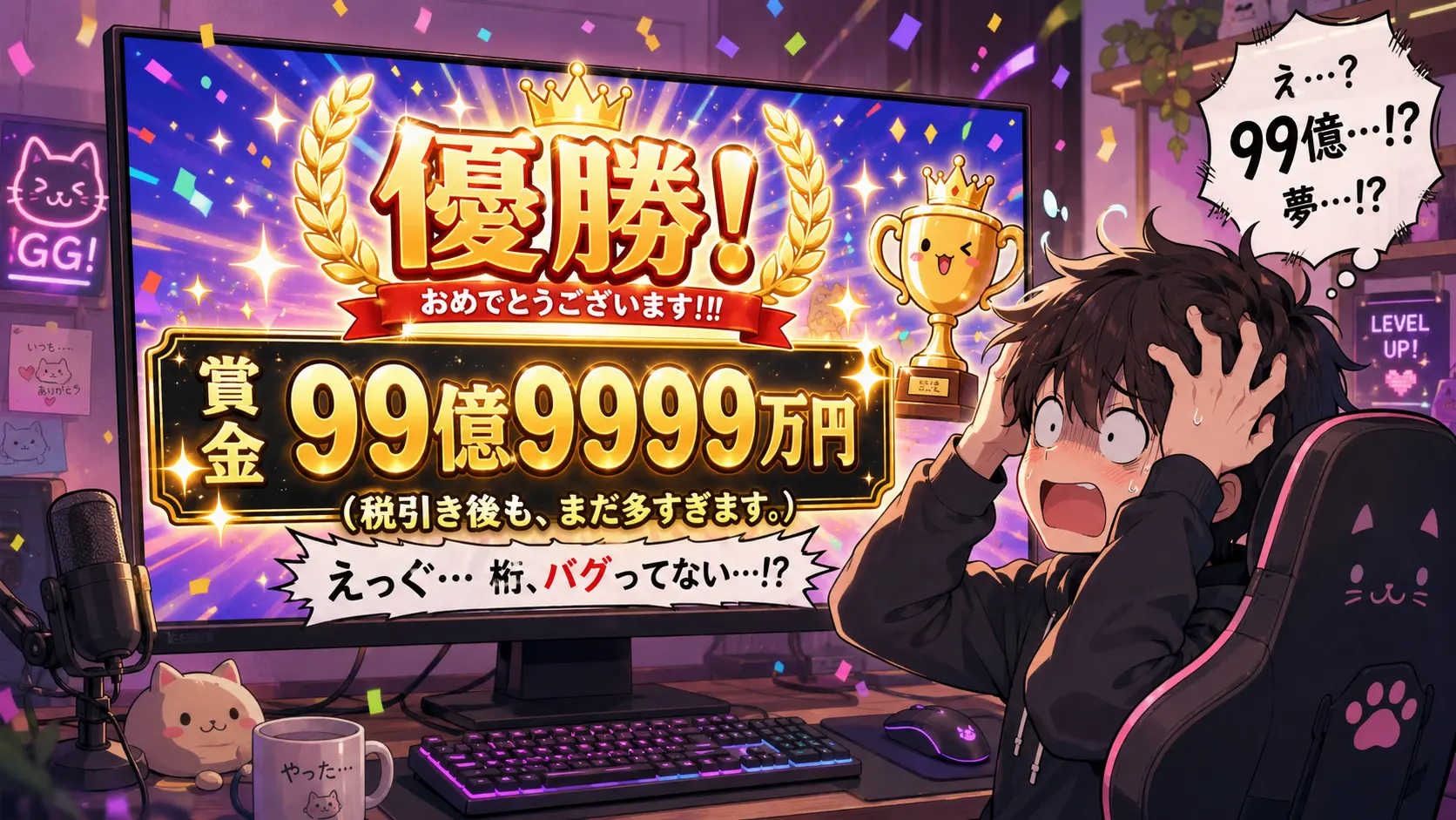 優勝画面の前で、賞金額だけが現実離れしているプロゲーマー。