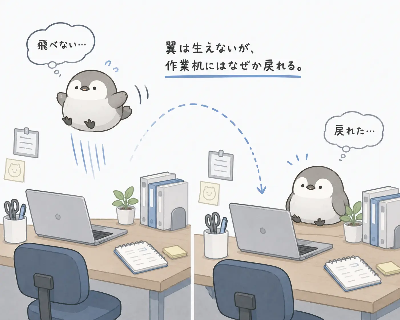 翼は生えないが、作業机にはなぜか戻れる。