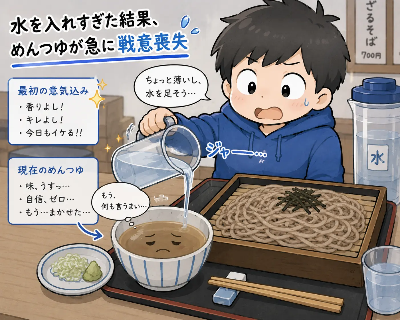 水を入れすぎた結果、めんつゆが急に戦意喪失。